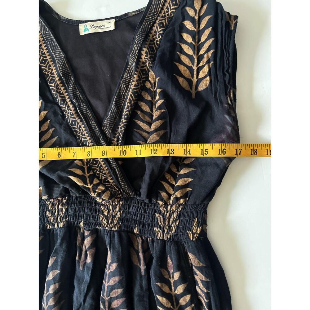 Lapogee Dress Womens M Black Gold Leaf Print Maxi Lined Boho India V Neck Resort - Picture 5 of 10
